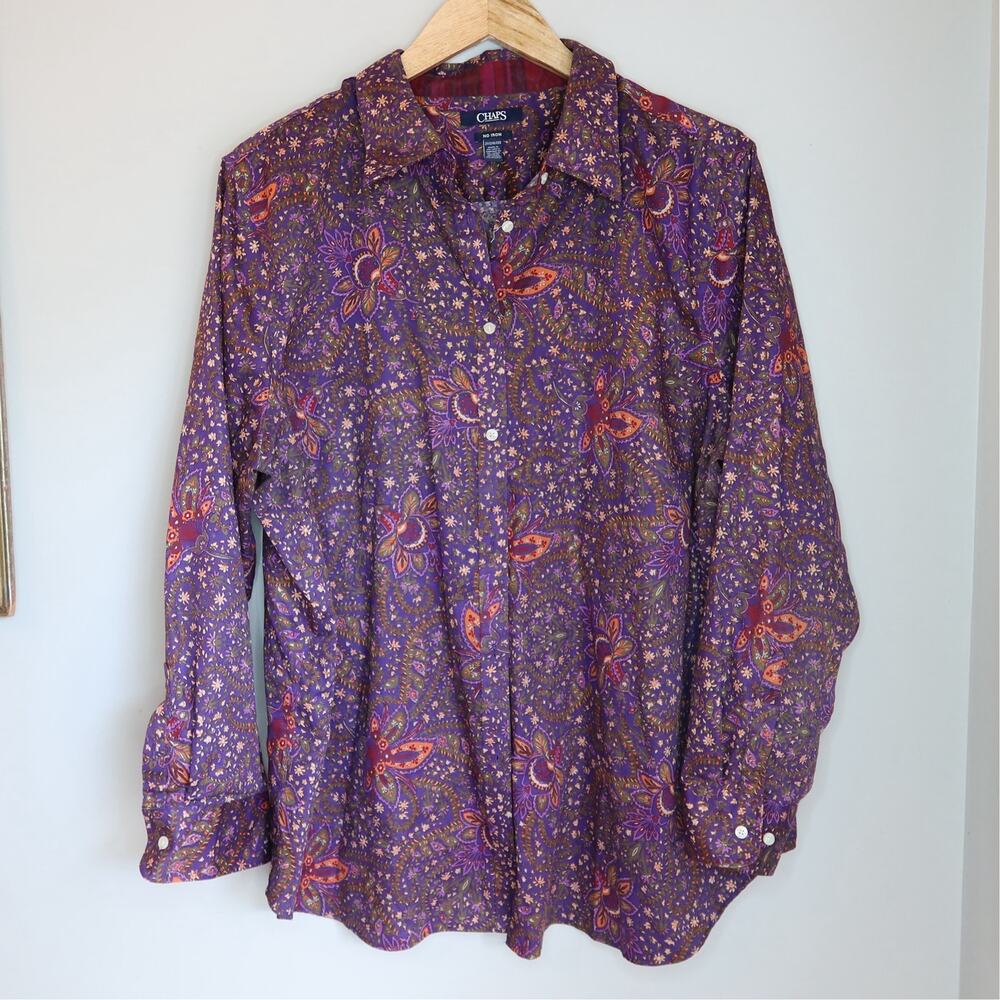 Chaps Paisley Floral Button Down Shirt Purple Plaid Contrast Cotton 2X